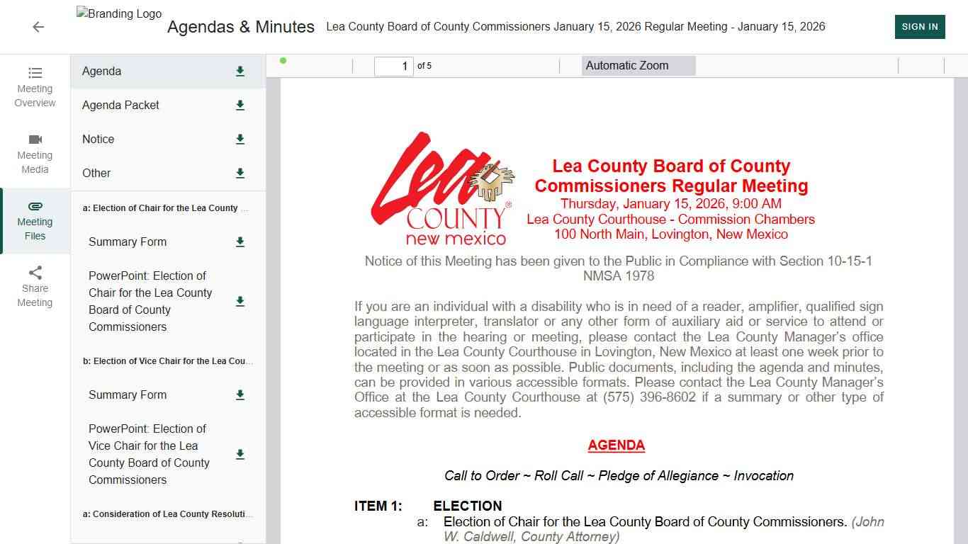 Lea County Board of County Commissioners January 15, 2026 Regular Meeting • Agendas & Minutes • CivicClerk