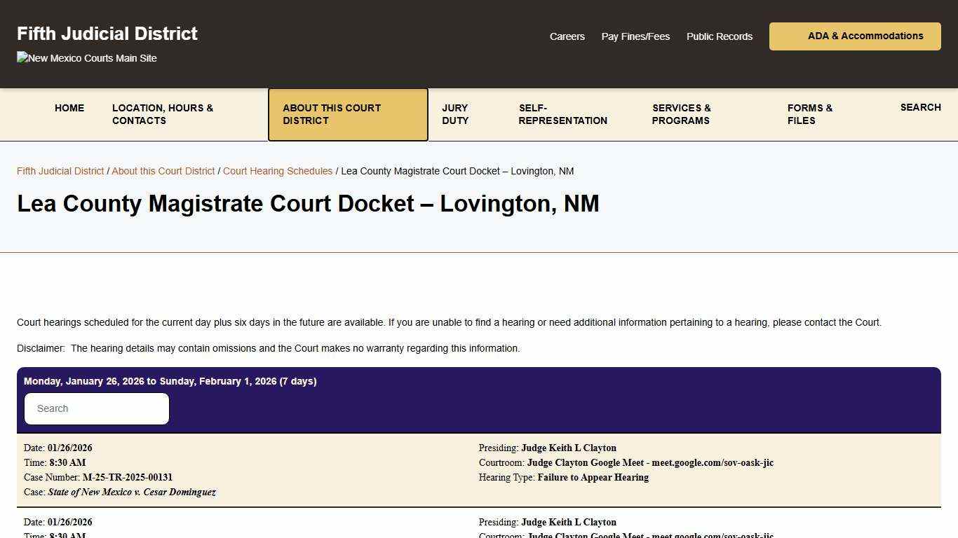 Lea County Magistrate Court Docket - Lovington, NM - Fifth Judicial District