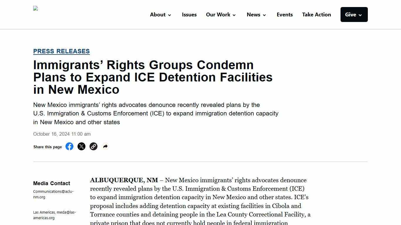 Immigrants’ Rights Groups Condemn Plans to Expand ICE Detention Facilities in New Mexico - ACLU of New Mexico